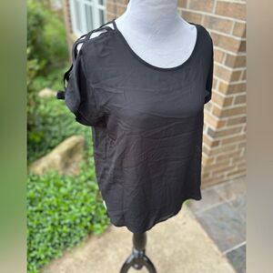 Anthropologie Wishful Park Black Boxy Short Sleeve Tee Cold Shoulder Detail